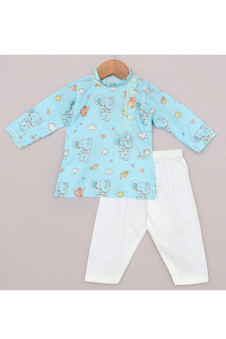 Blue Elephant Printed Linen Kurta With Pyjama Set