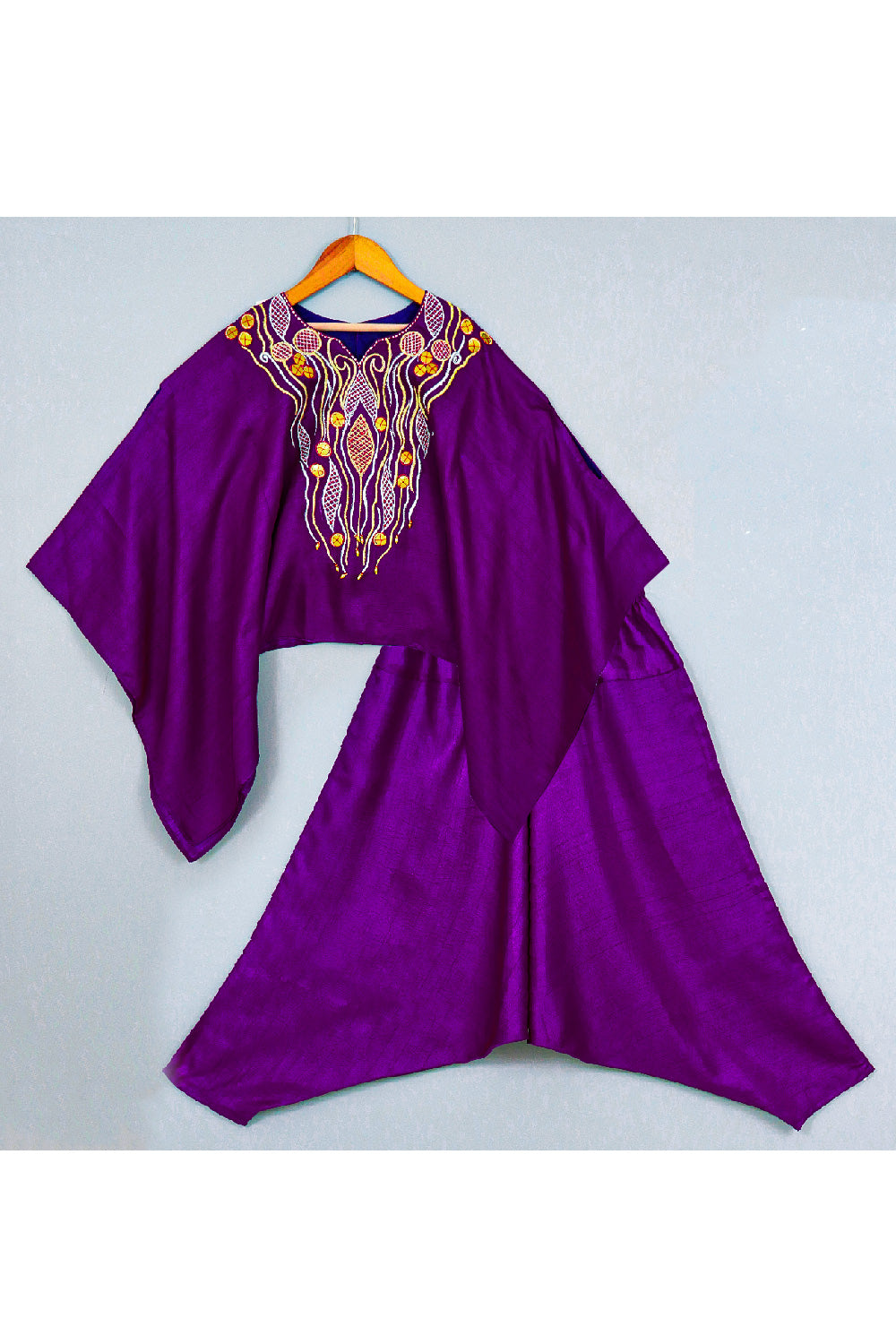 Purple Embroidered Kaftan Style Silk Top With Cowl Pant