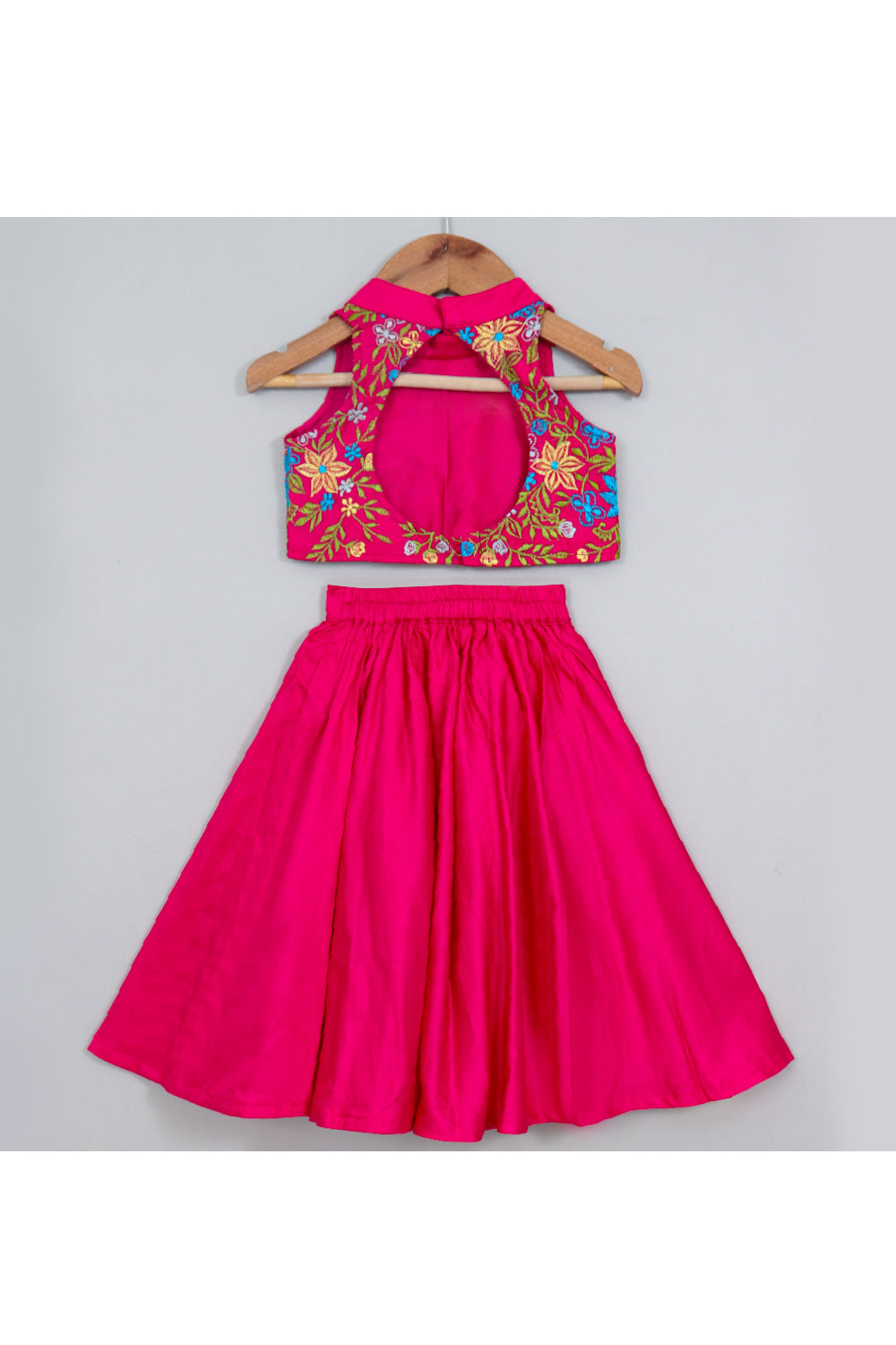 Fuchsia Pink Thread Embroidered Halter Neck Top With Lehenga Set