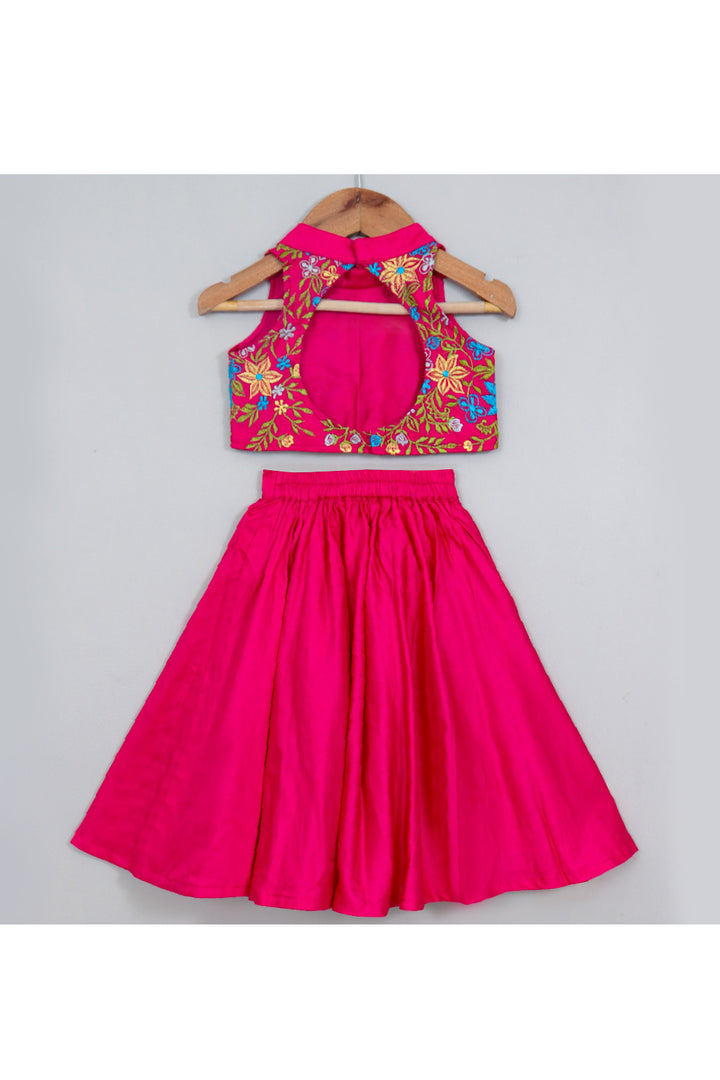 Fuchsia Pink Thread Embroidered Halter Neck Top With Lehenga Set