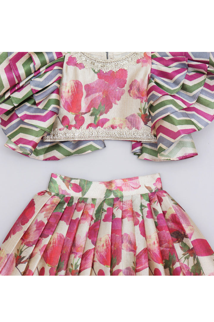 Multicolor Floral Printed With Lace Detailing Top With Lehenga Set
