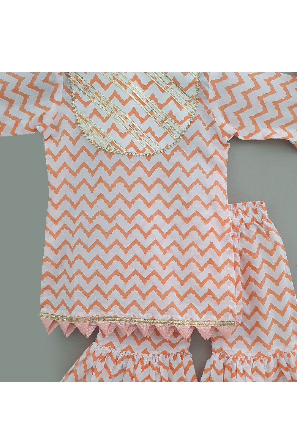 Orange And White Zigzag Printed Cotton Kurta With Sharara Set