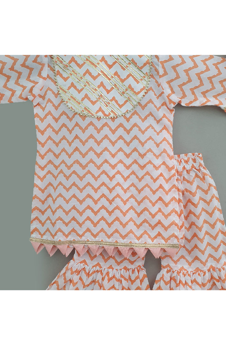 Orange And White Zigzag Printed Cotton Kurta With Sharara Set