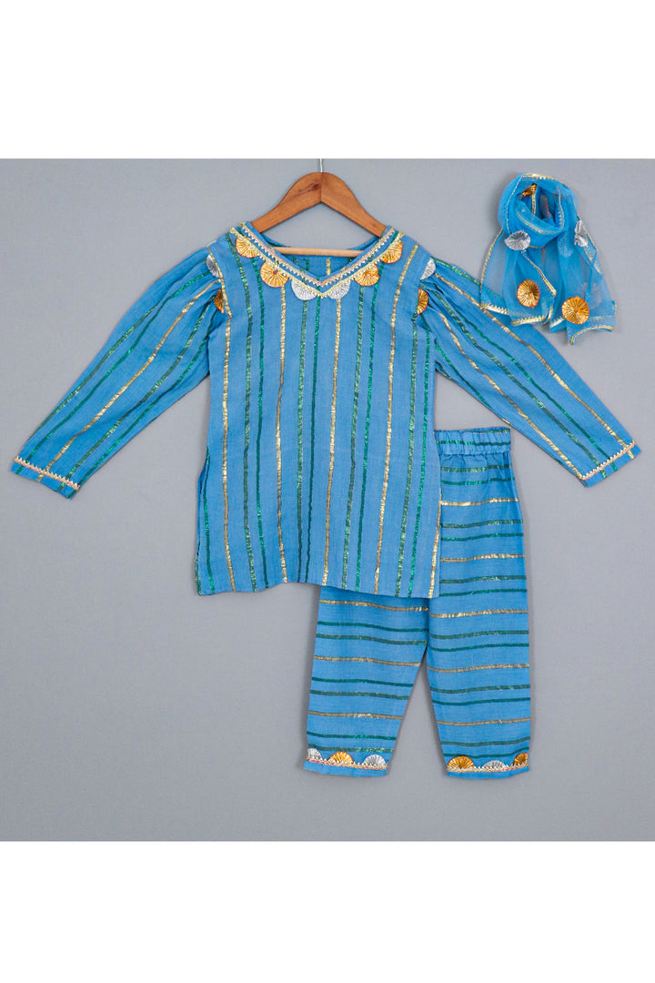 Blue Lace Detailing Kurta With Pant And Dupatta Set