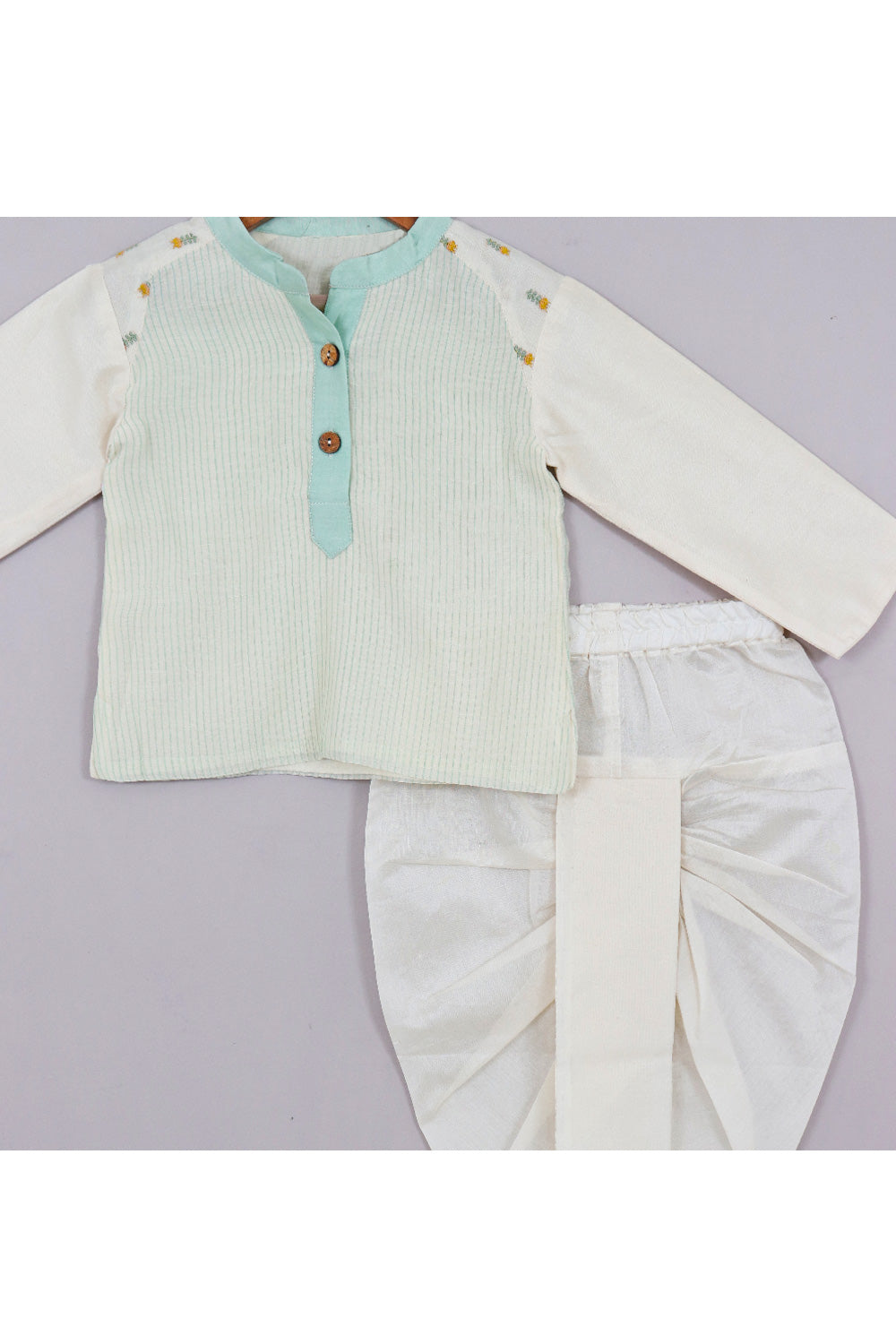 Off White Embroidery Patch Work Kurta Style Shirt With Dhoti Set
