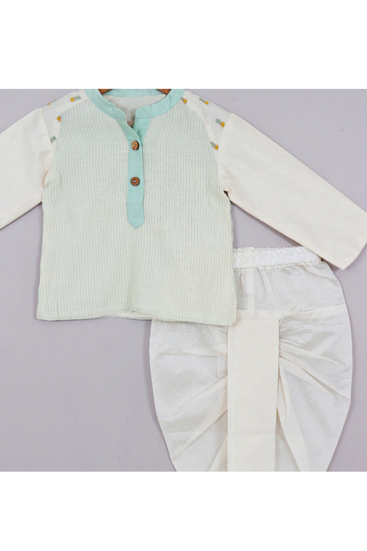 Off White Embroidery Patch Work Kurta Style Shirt With Dhoti Set