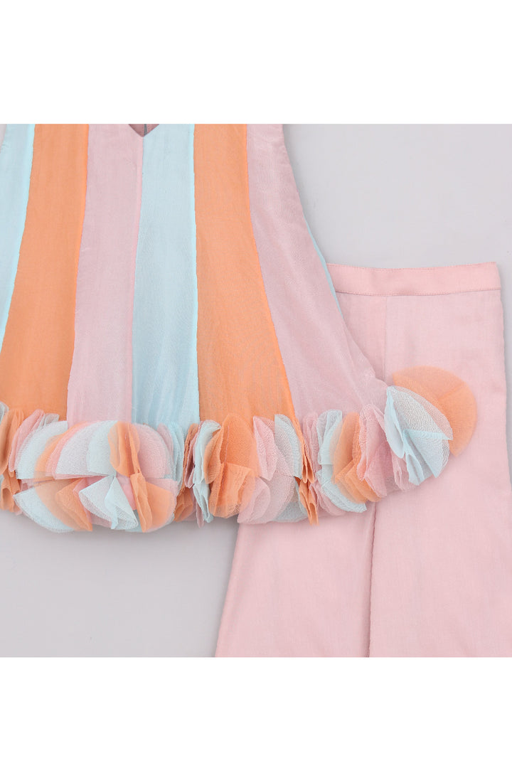 Multicolor Detailing Silk Top With Bow Detailing Pant Set