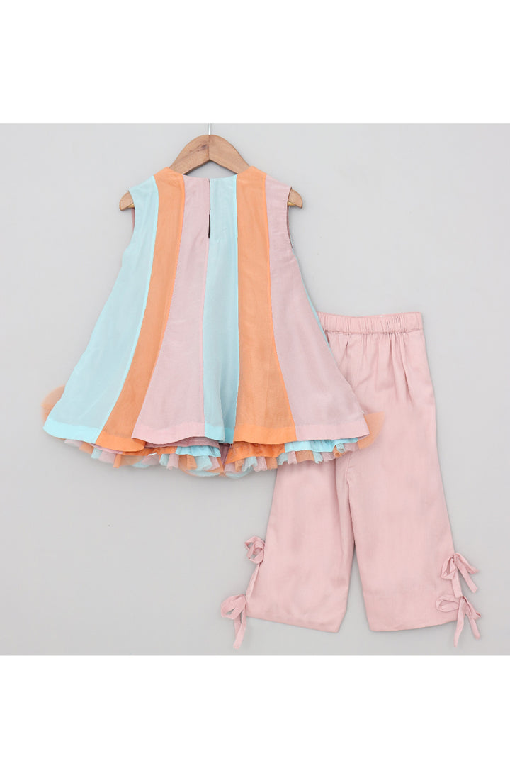 Multicolor Detailing Silk Top With Bow Detailing Pant Set