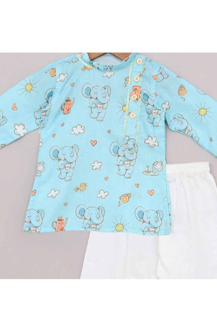 Blue Elephant Printed Linen Kurta With Pyjama Set