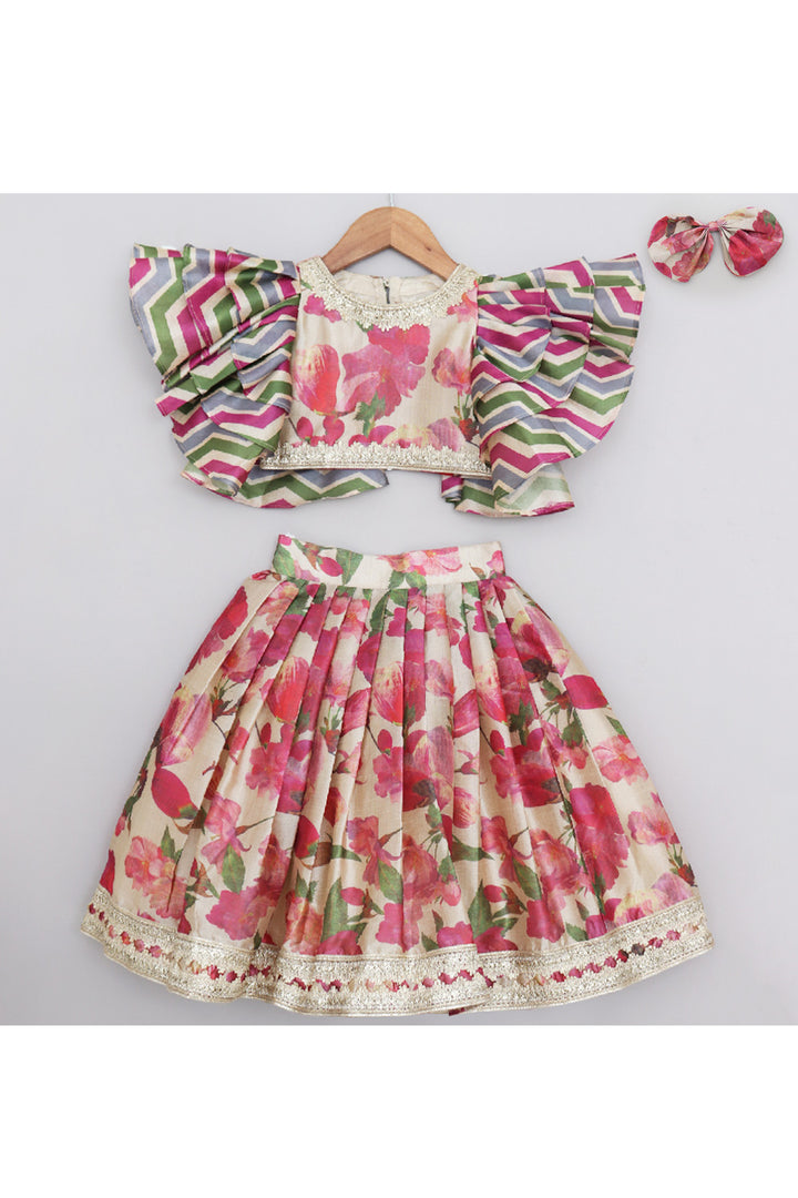 Multicolor Floral Printed With Lace Detailing Top With Lehenga Set