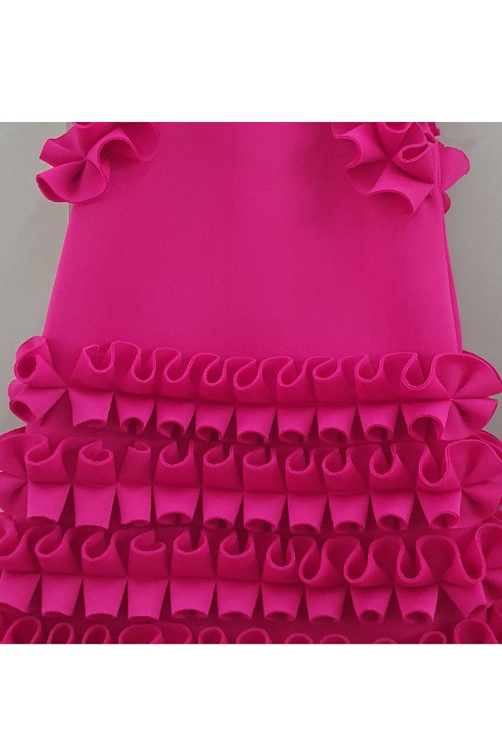 Hot Pink Frill Detailing Scuba Dress With Sling Bag
