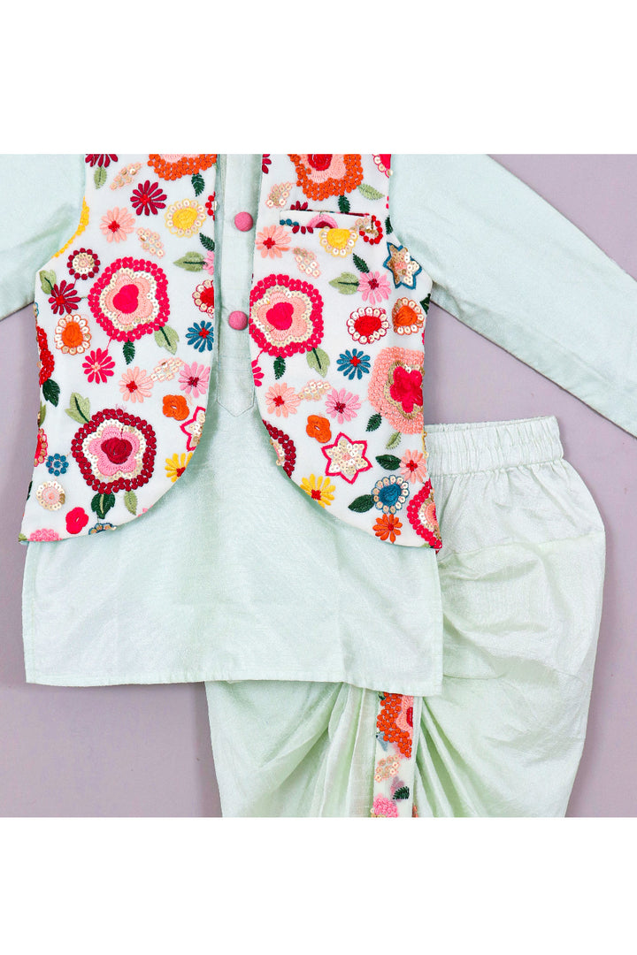 Powder Blue Art Silk Kurta With Floral Embroidered Jacket Set