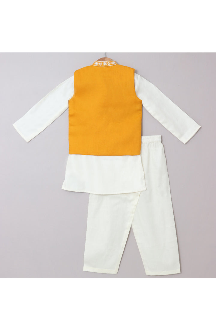 Off White Kurta And Pyjama With Yellow Mirror Embroidered Jacket Set