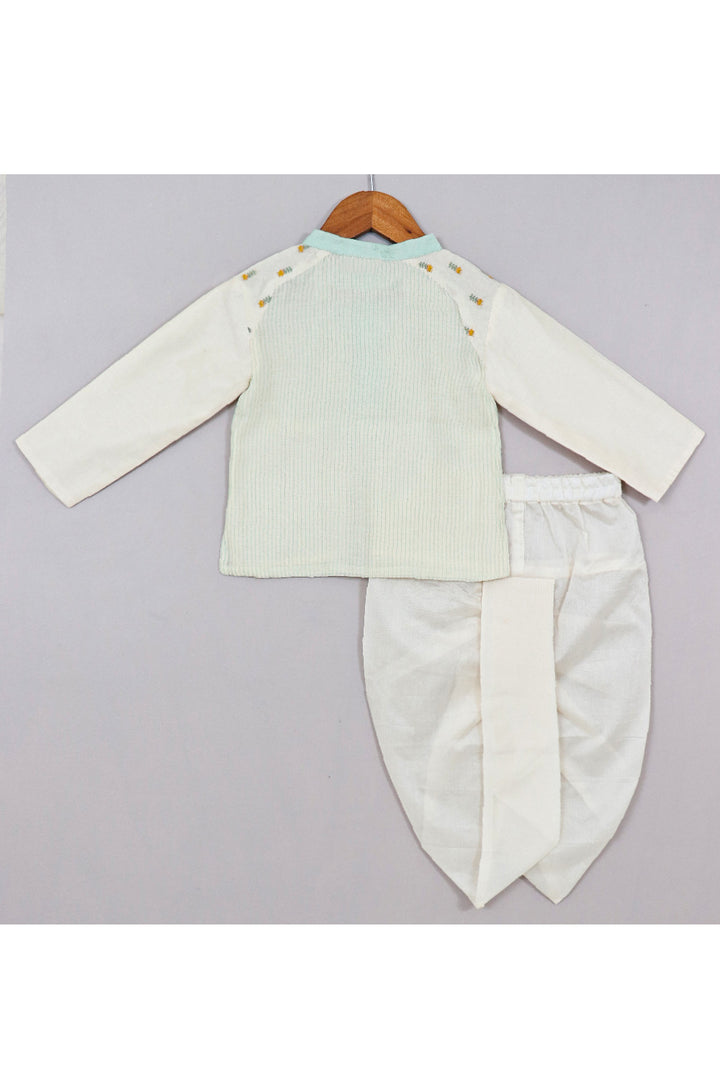 Off White Embroidery Patch Work Kurta Style Shirt With Dhoti Set