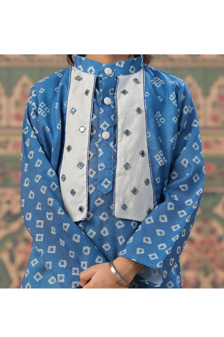 Blue Bandhani Printed And Faux Mirror Detailing Kurta With Attached Jacket Set