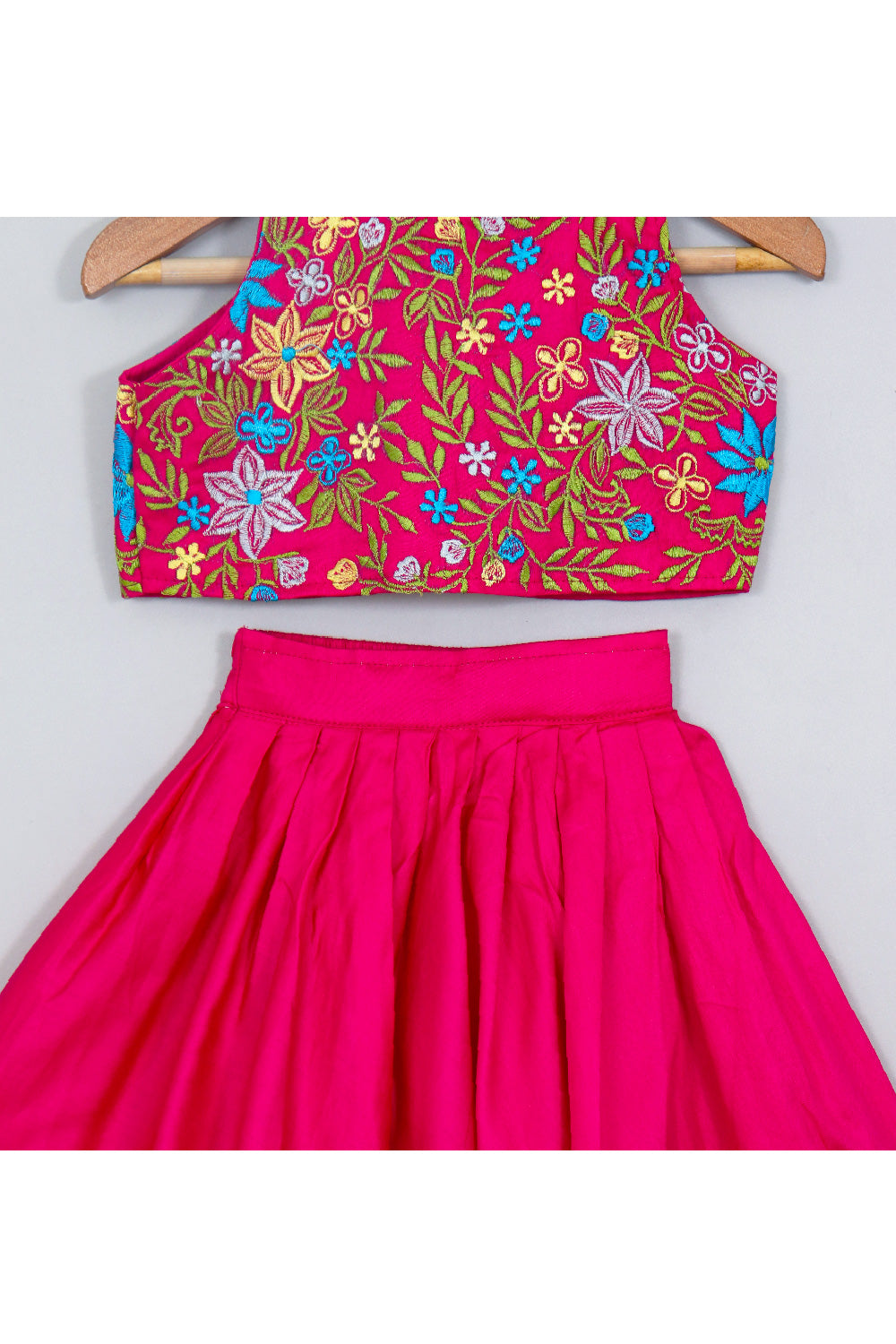 Fuchsia Pink Thread Embroidered Halter Neck Top With Lehenga Set