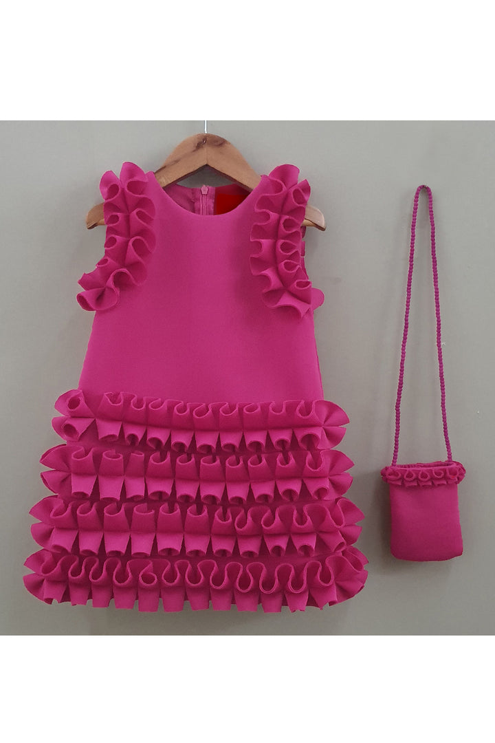 Hot Pink Frill Detailing Scuba Dress With Sling Bag