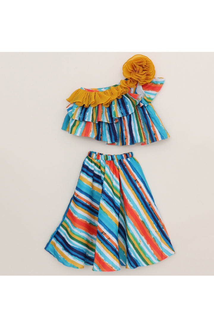 Multicolor One Shoulder Abstract Printed Top With Skirt Set