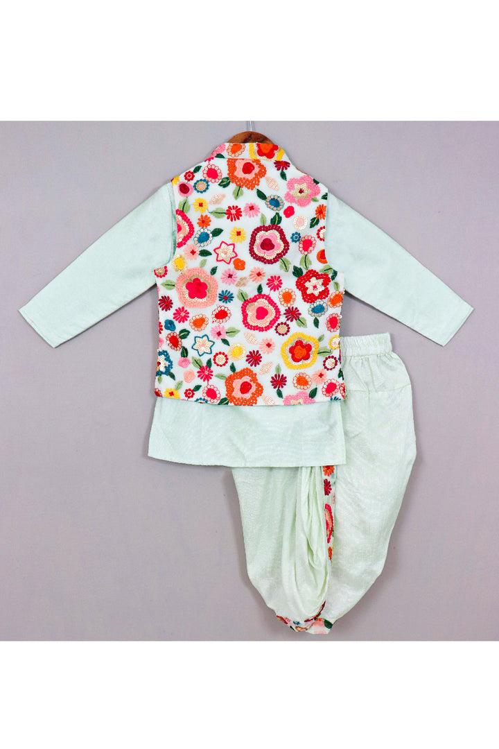 Powder Blue Art Silk Kurta With Floral Embroidered Jacket Set