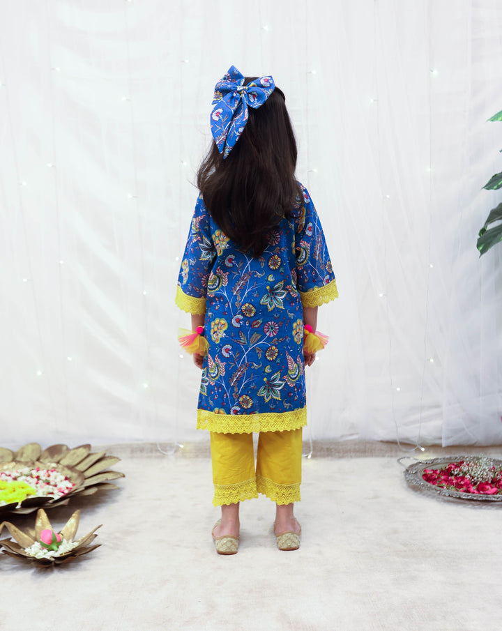 Blue Floral Printed Cotton With Pant Set