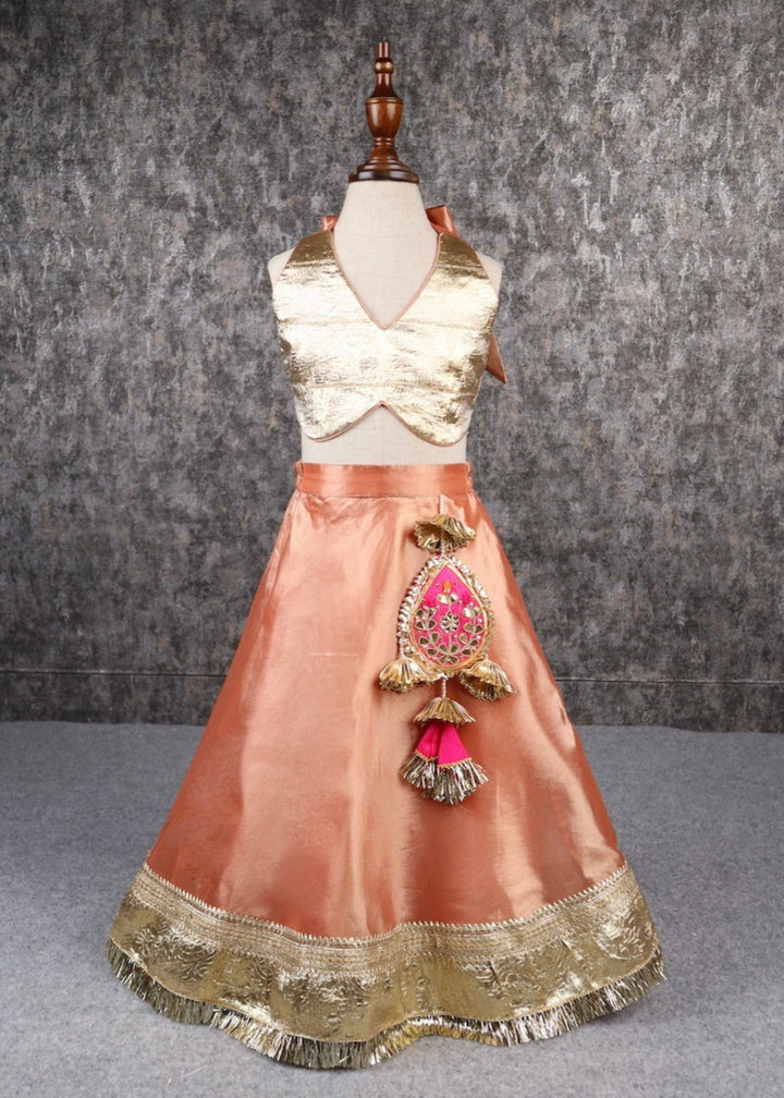 Golden And Orange Halter Neck Stylish Top And Lehenga Set