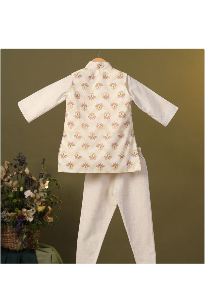 Beige Cotton Kurta And Churidar With Open Floral Jacket Set