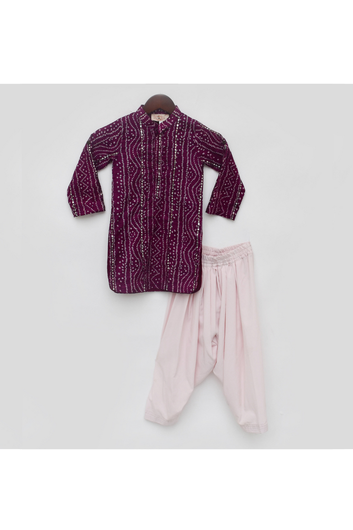 Purple Bandhej Cotton Kurta With Dhoti Set