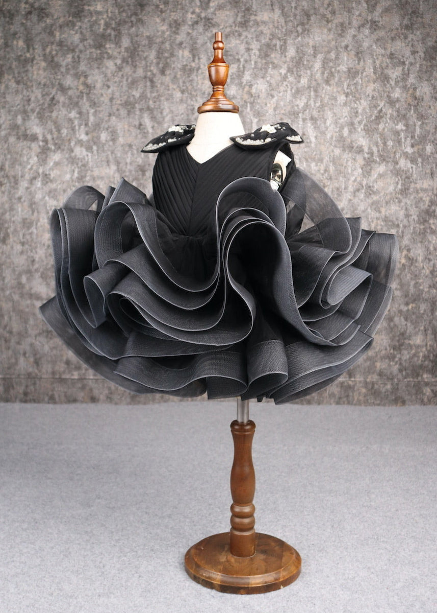 Black Butterfly Net And Pearls Ruffle Dress