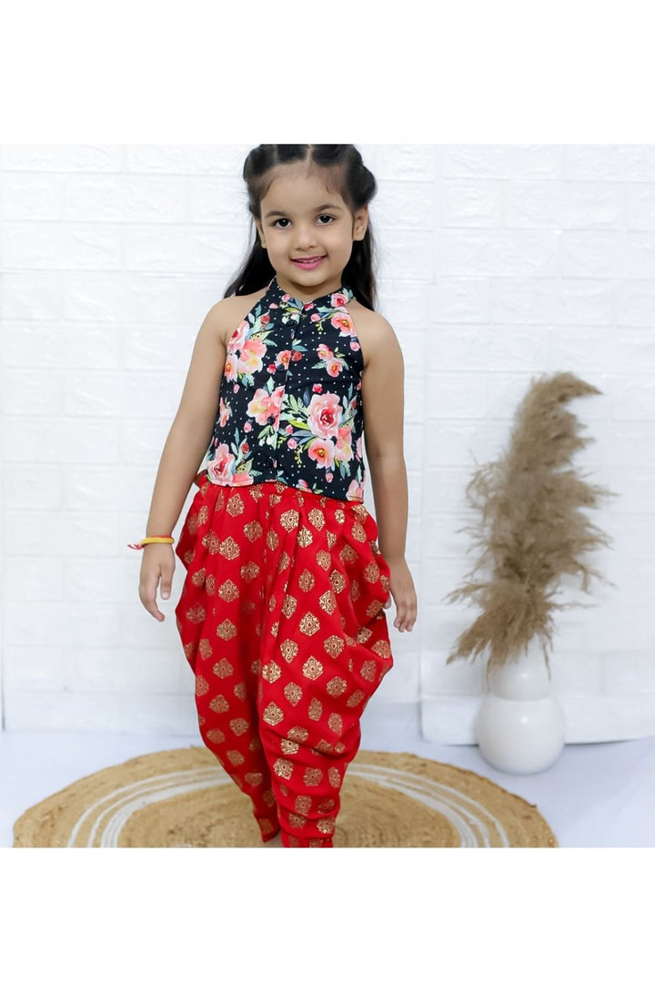 Black Printed Incut Style Top & Red Dhoti Pant Set