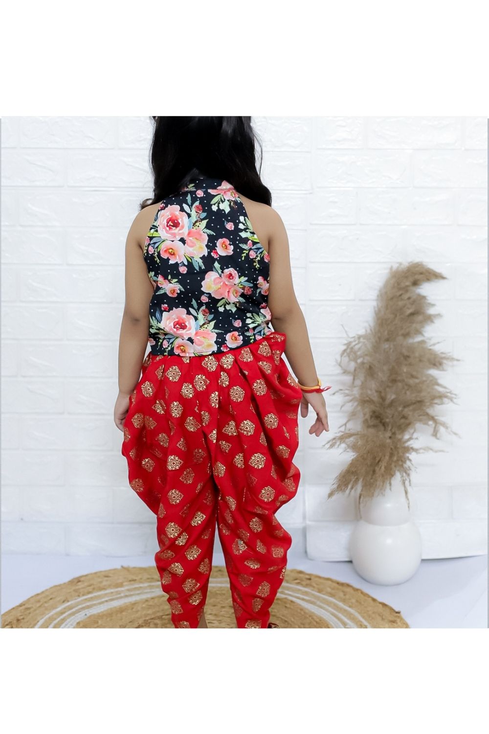Black Printed Incut Style Top & Red Dhoti Pant Set