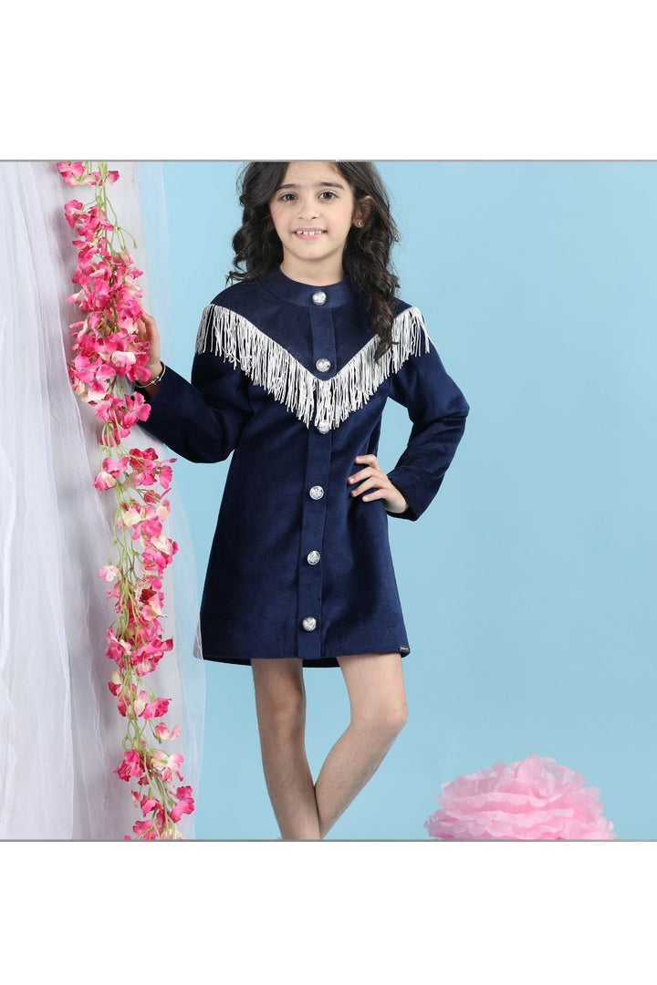 Deep Blue Velvet With Thread Detailing Full Sleeves Dress