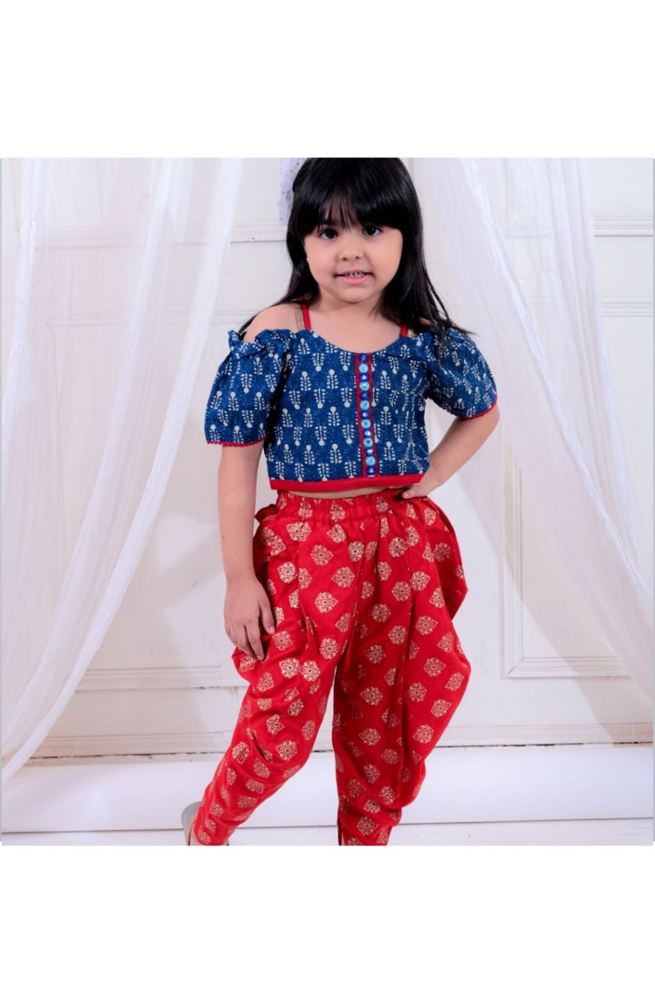 Navy Cotton Top & Red Foil Printed Dhoti Pant Set