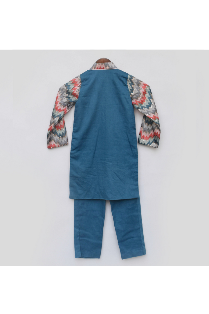 Blue Zig Zag Printed Dupion Kurta With Pant Set