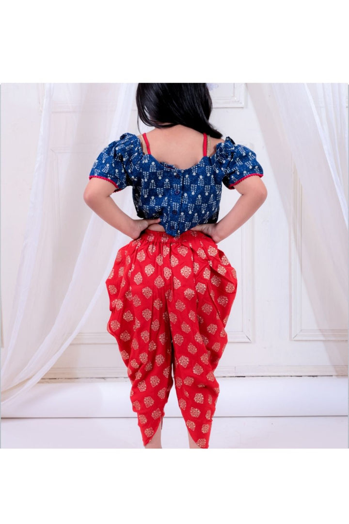 Navy Cotton Top & Red Foil Printed Dhoti Pant Set