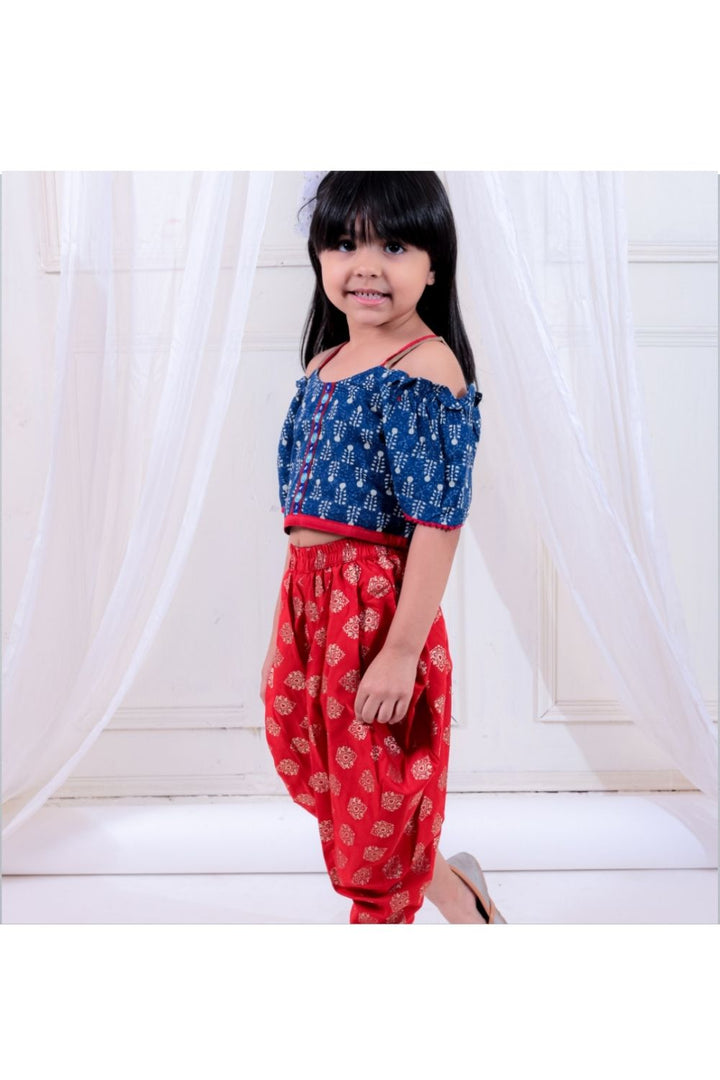 Navy Cotton Top & Red Foil Printed Dhoti Pant Set