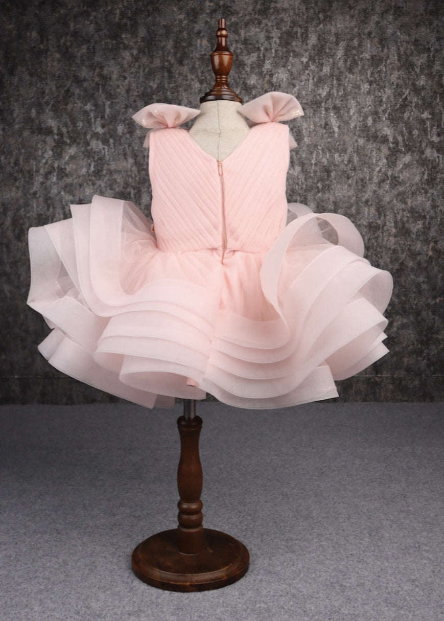 Peach Net Ruffle Pleated Yoke Stylish Dress