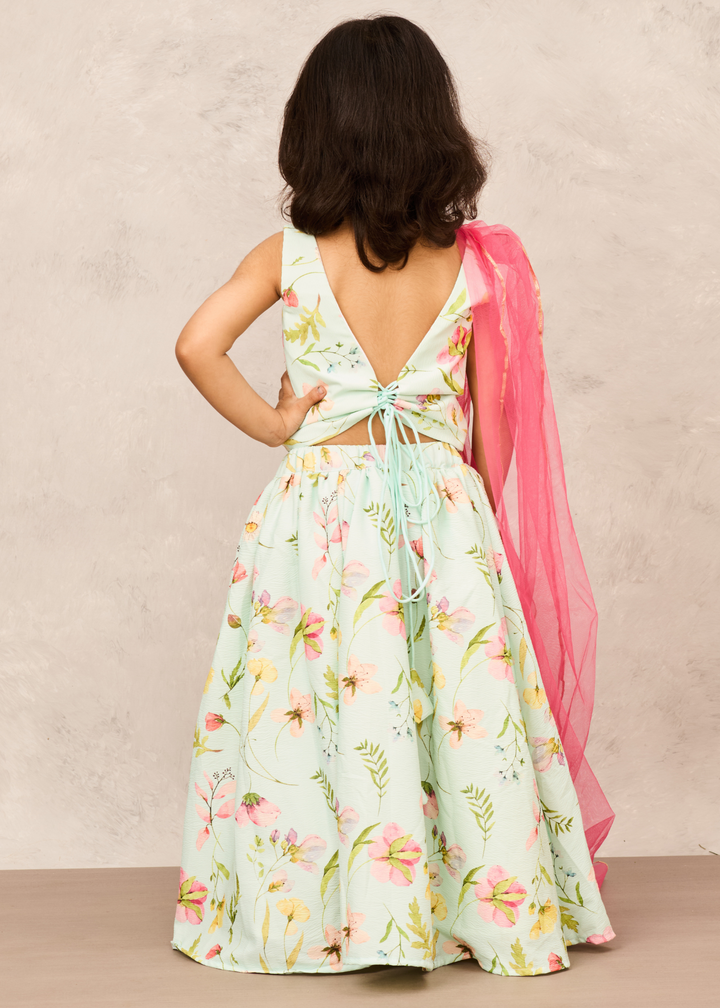 Pista green Floral Exquisite Top And Lehenga With Dupatta Set