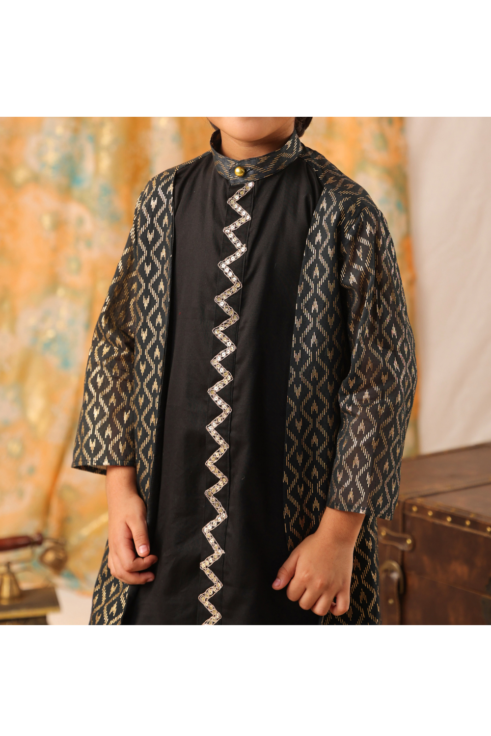 Black Gota Marodi Work Italian Cotton Kurta And Churidar Set