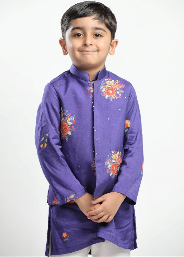Purple Muslin Kurta And White Pyjama With Purple Floral Printed Jacket Set