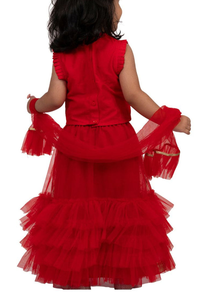 Red & Off White Sleeveless Embroidered Top With Lehenga Set