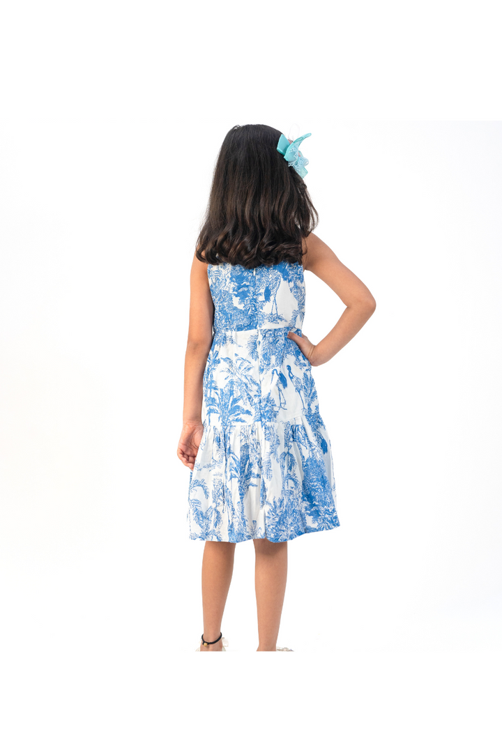 Blue Floral Printed Cotton Sleeveless Frock