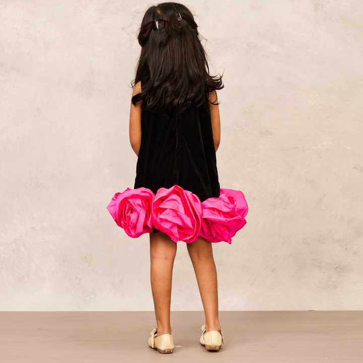 Black Velvet With Pink Taffeta Flower Accents A-Line Dress