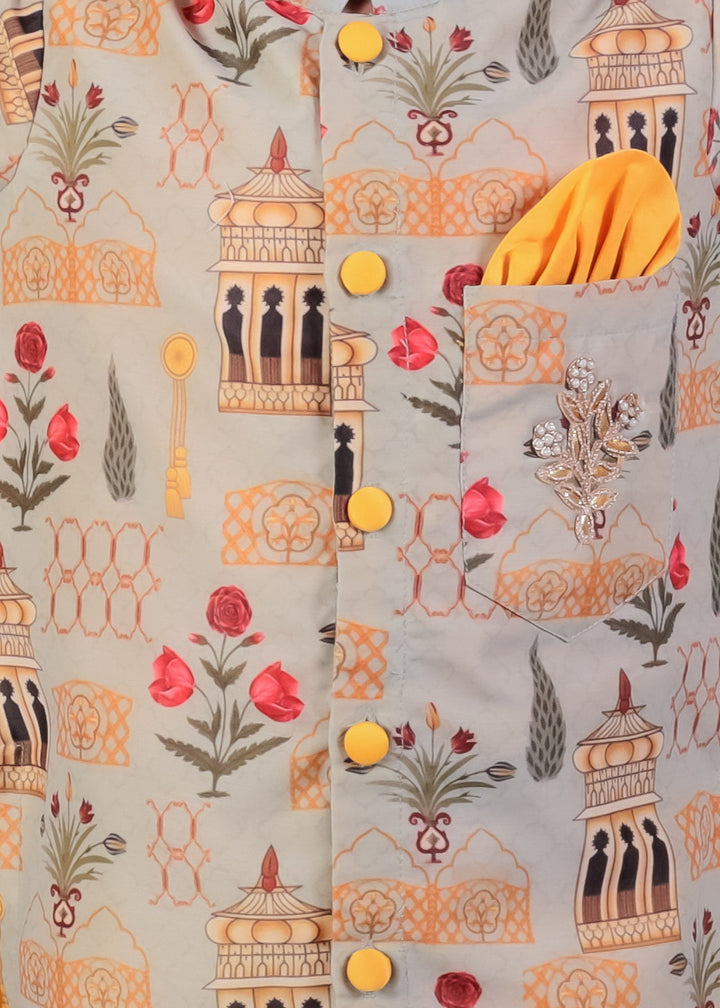 Multicolor Mughal Printed Kurta With Off White Pyjama Set