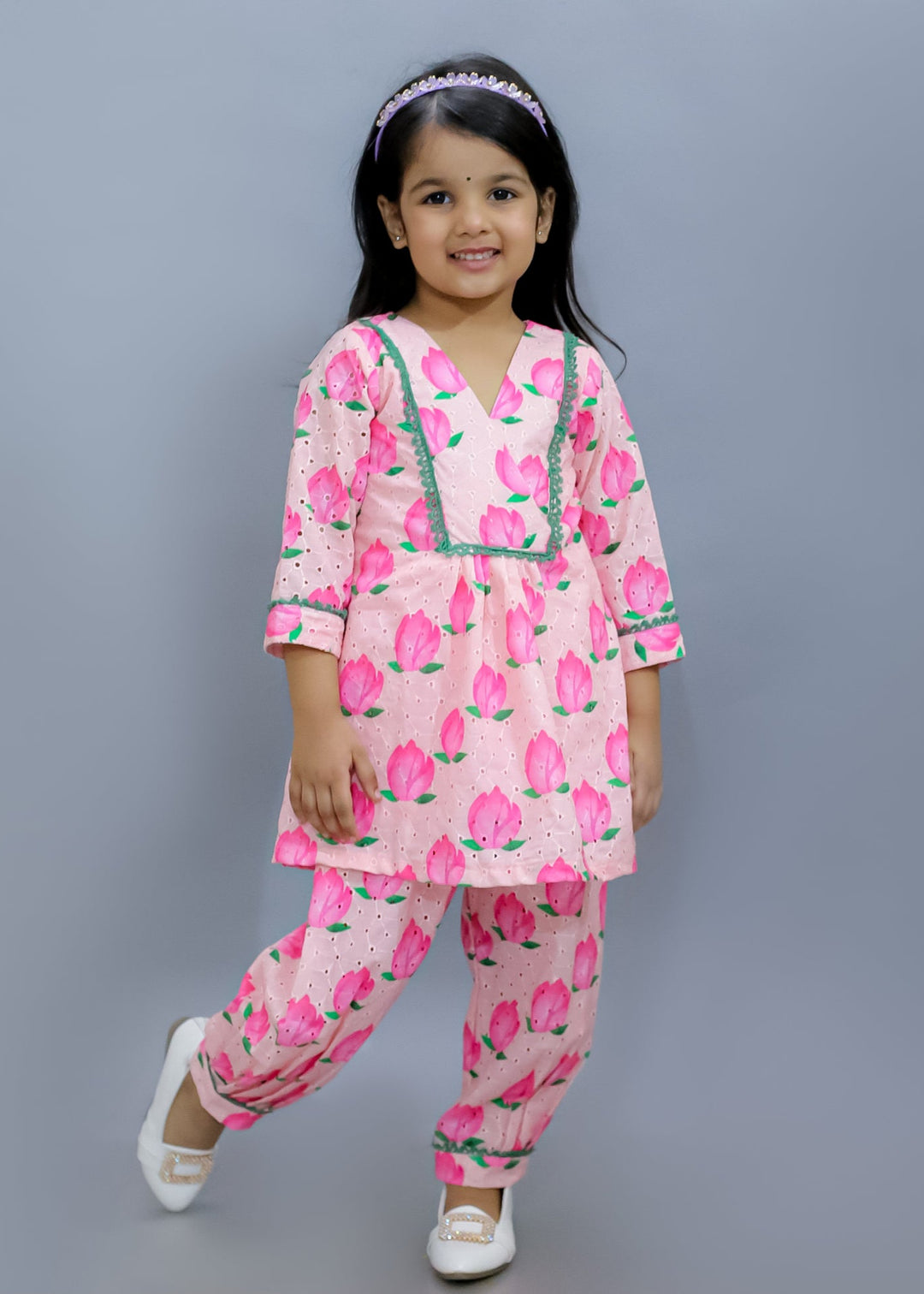 Baby Pink Lotus Printed Hakuba Cotton Kurta With Salwar Set