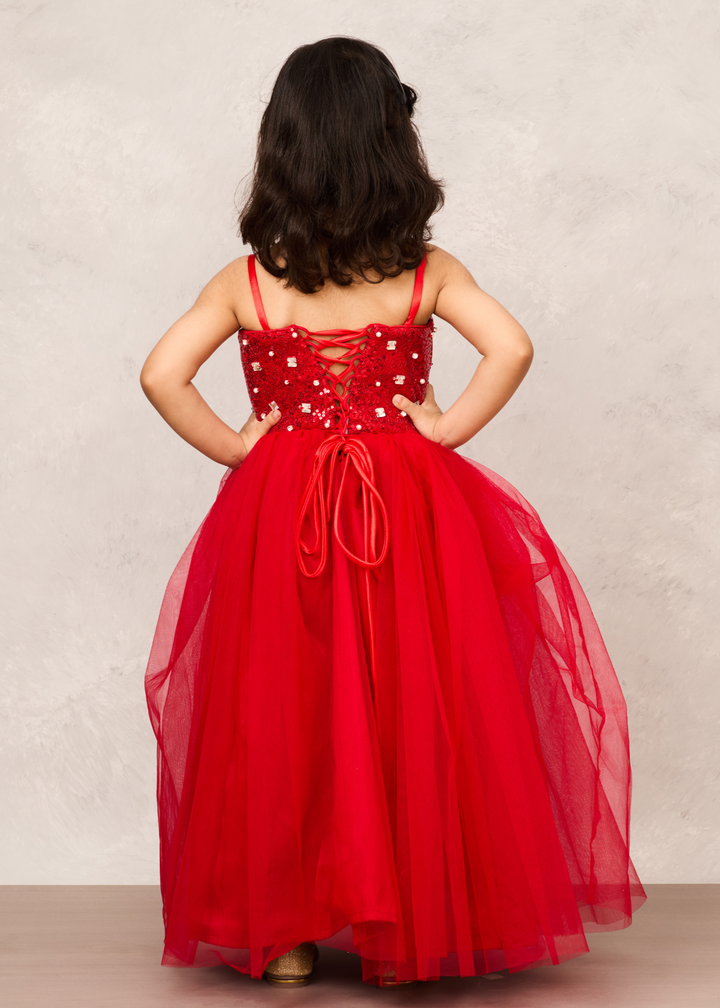 Red Elegant With Sequence Chest Detailing & Sequence Collar Net Shrug Dress