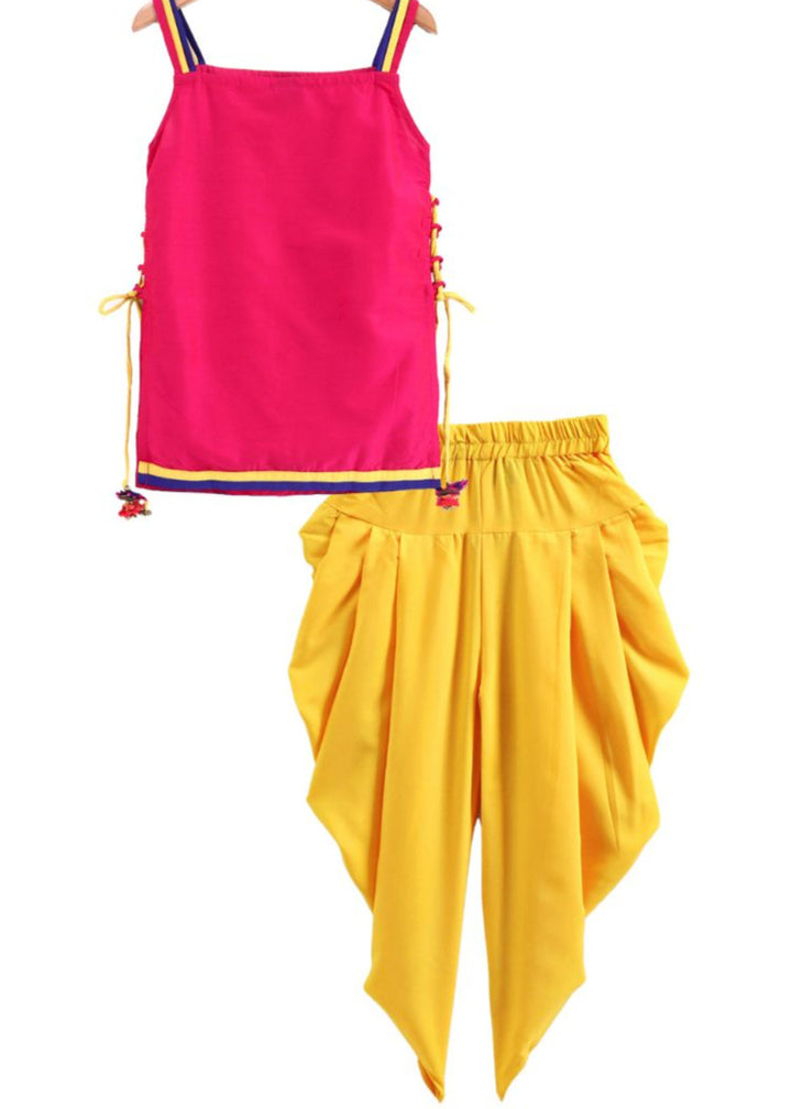 Pink & Yellow Sleeveless Embroidered Top with Dhoti Set