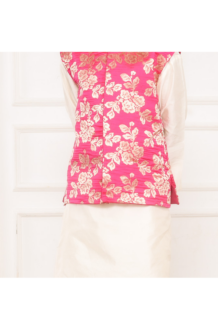 Off-White Kurta Pyjama With Pink Floral Brocade Jacket Set