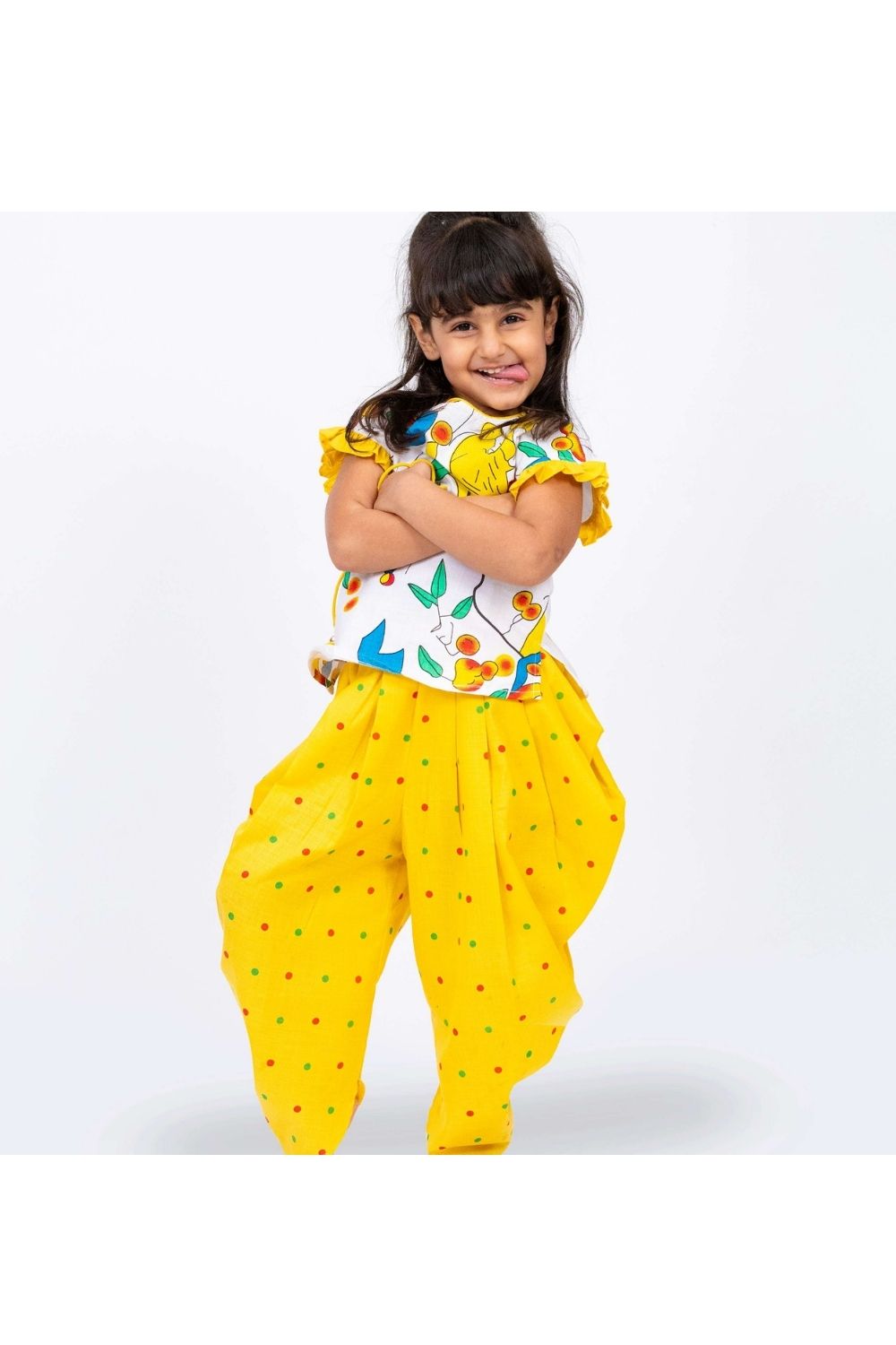 White Peplum Printed Top With Yellow Dhoti Set