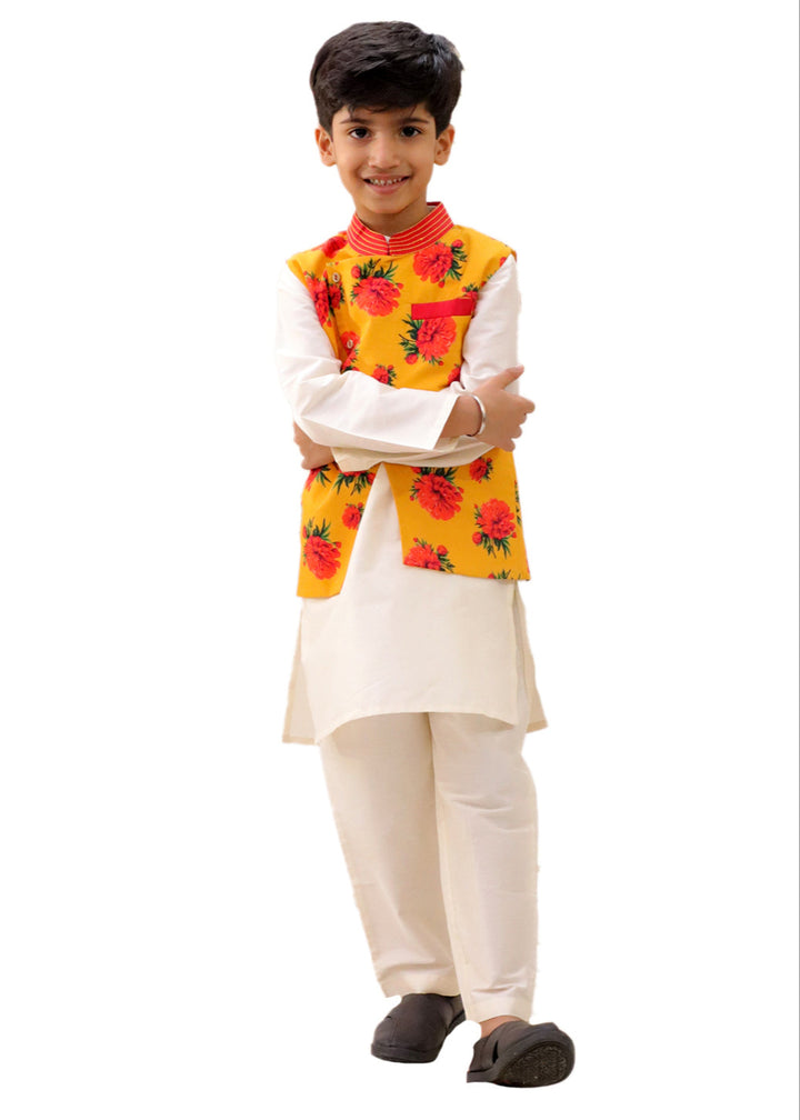 Genda Phool White Kurta and Pant with Mustard Jacket Set
