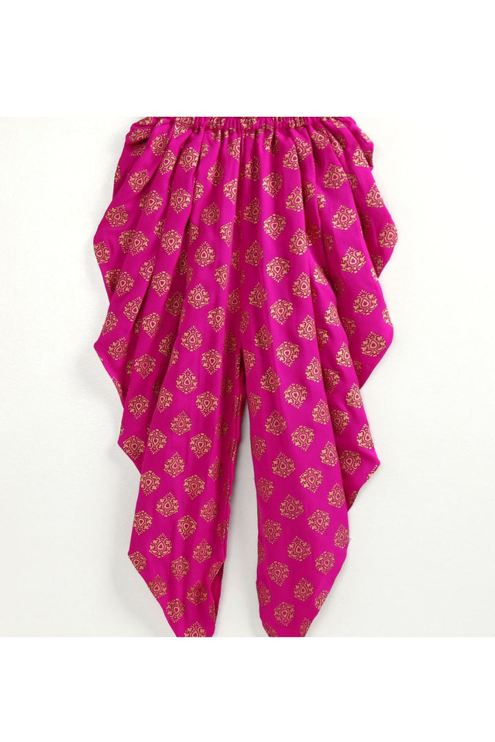 Beige Embroidered Top & Pink Foil Printed Dhoti Pant Set
